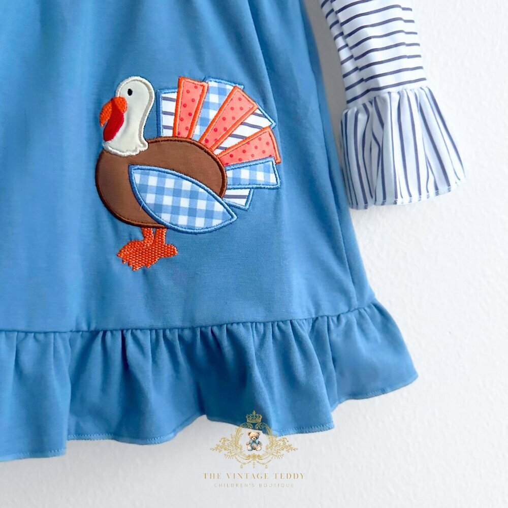 NWT Cute Girls Long Sleeve Embroidered Dress Turkey Orange & Cornflower Blue 3T - Picture 3 of 3